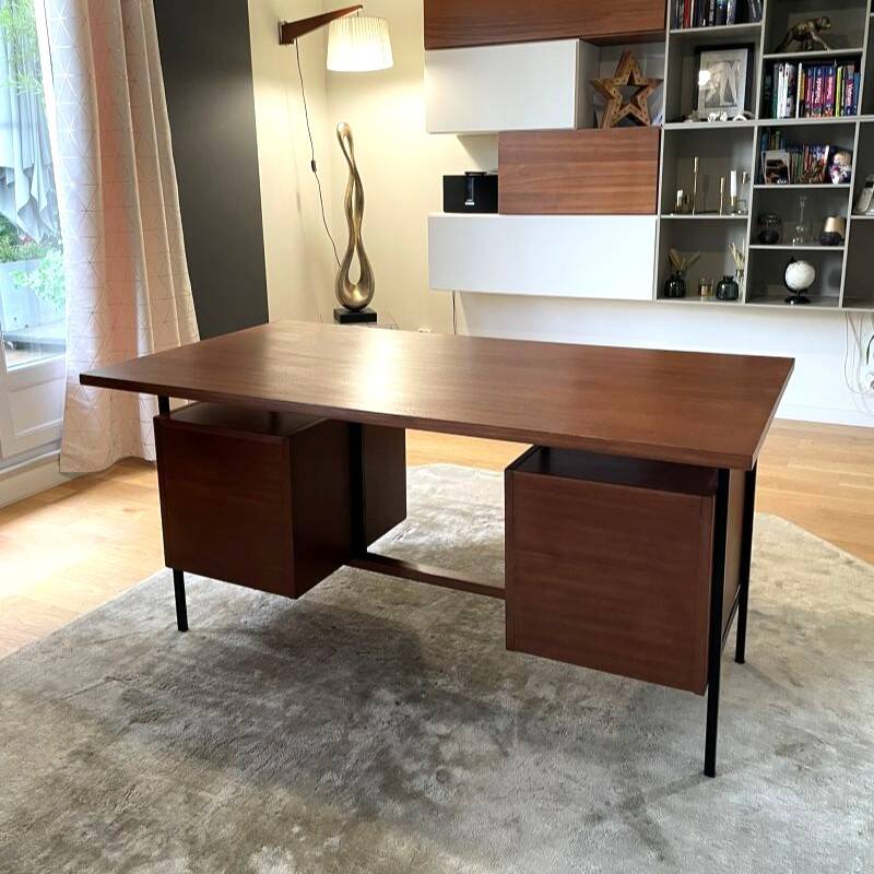 Vintage modernist desk in wood and black with 6 drawers