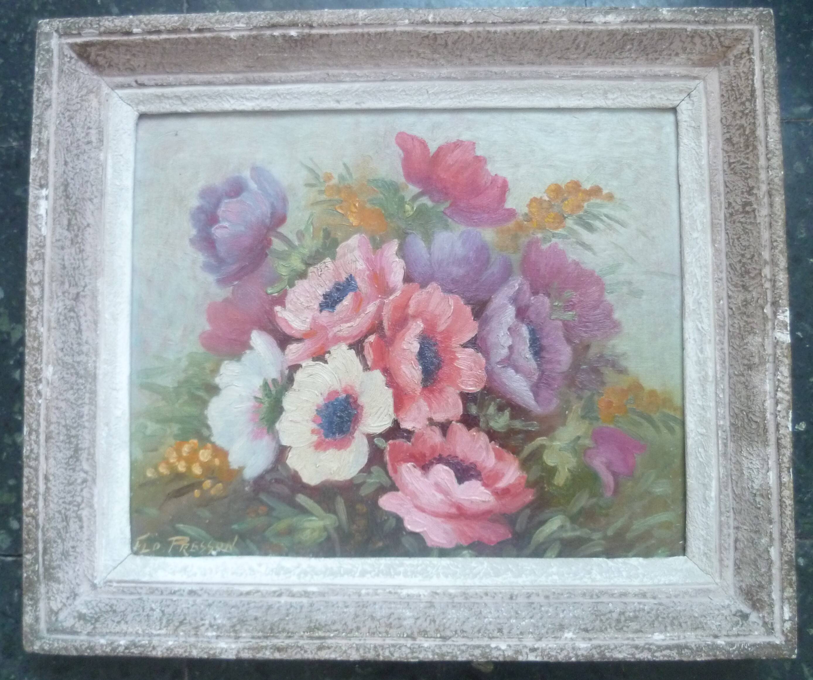 Framed floral painting signed Flo Presson, oil on panel by the painter Regi.