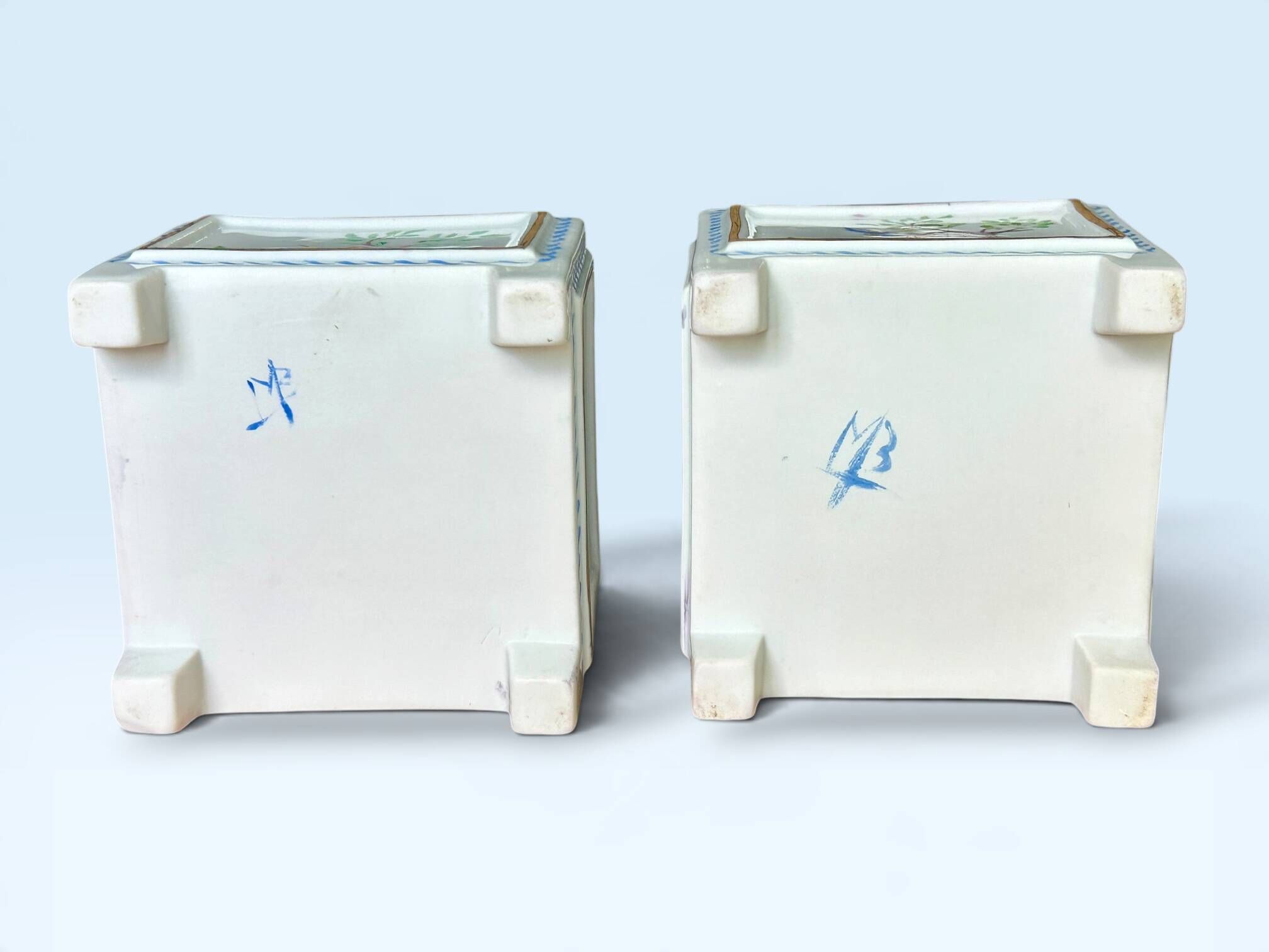 Pair of square flower pots, porcelain planters from Limoges, signed.