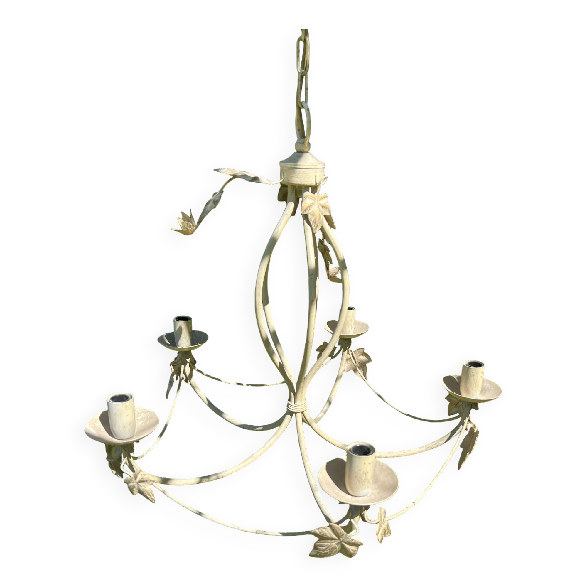 Country-style patinated metal chandelier – 5 arms – decorative foliage