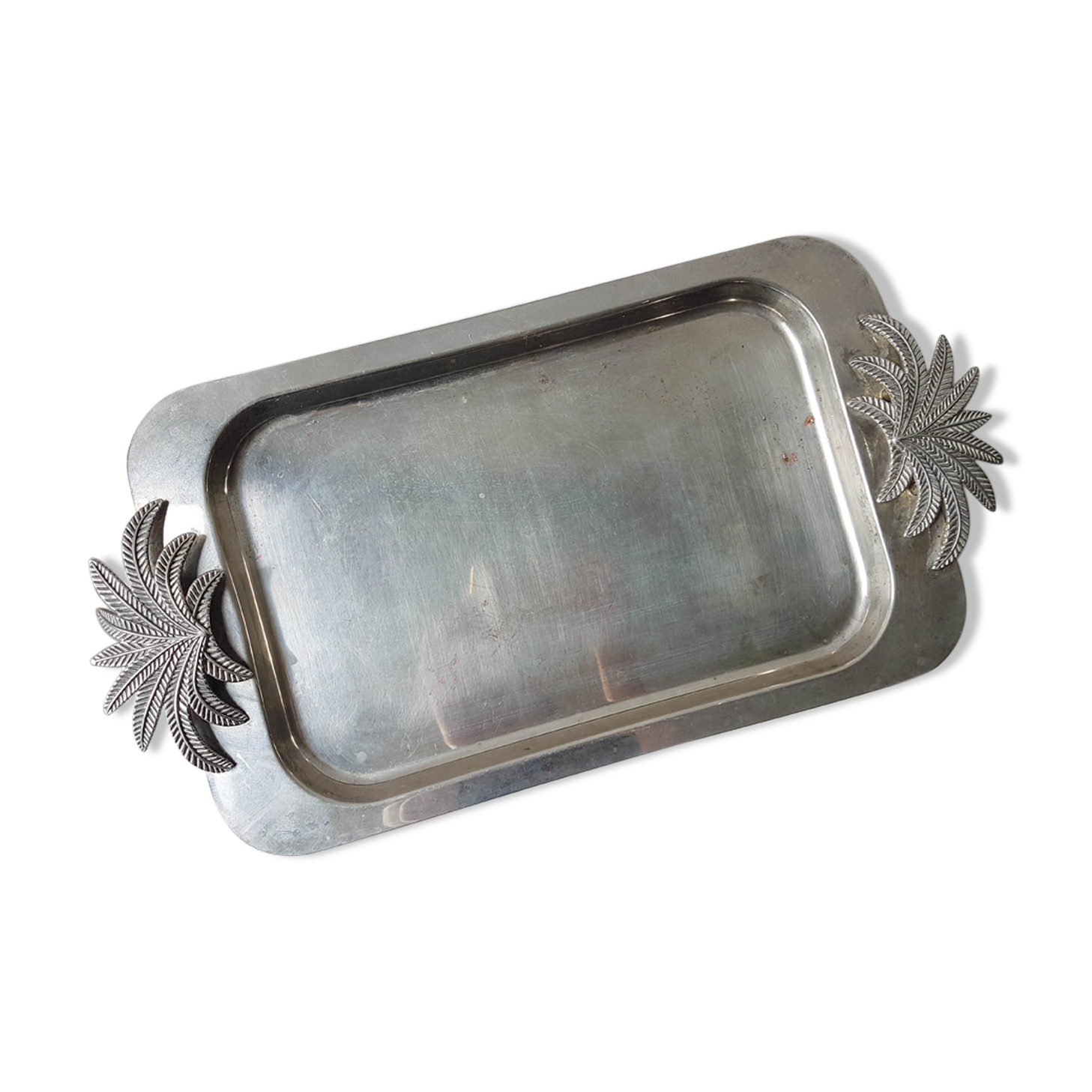 Vintage tray in silver stainless steel and palm tree