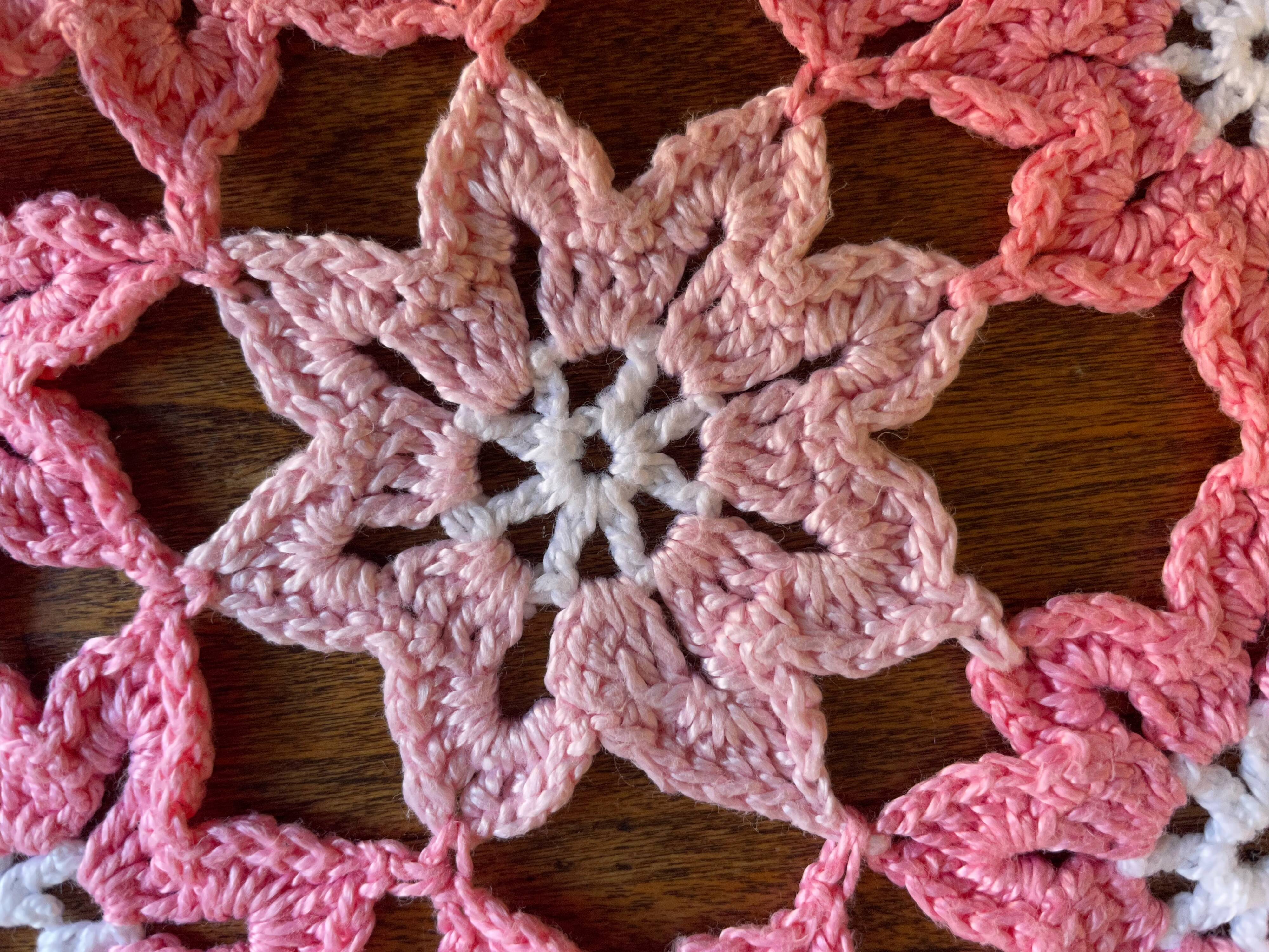 Set of 2 vintage crochet placemats - white, pink and blue