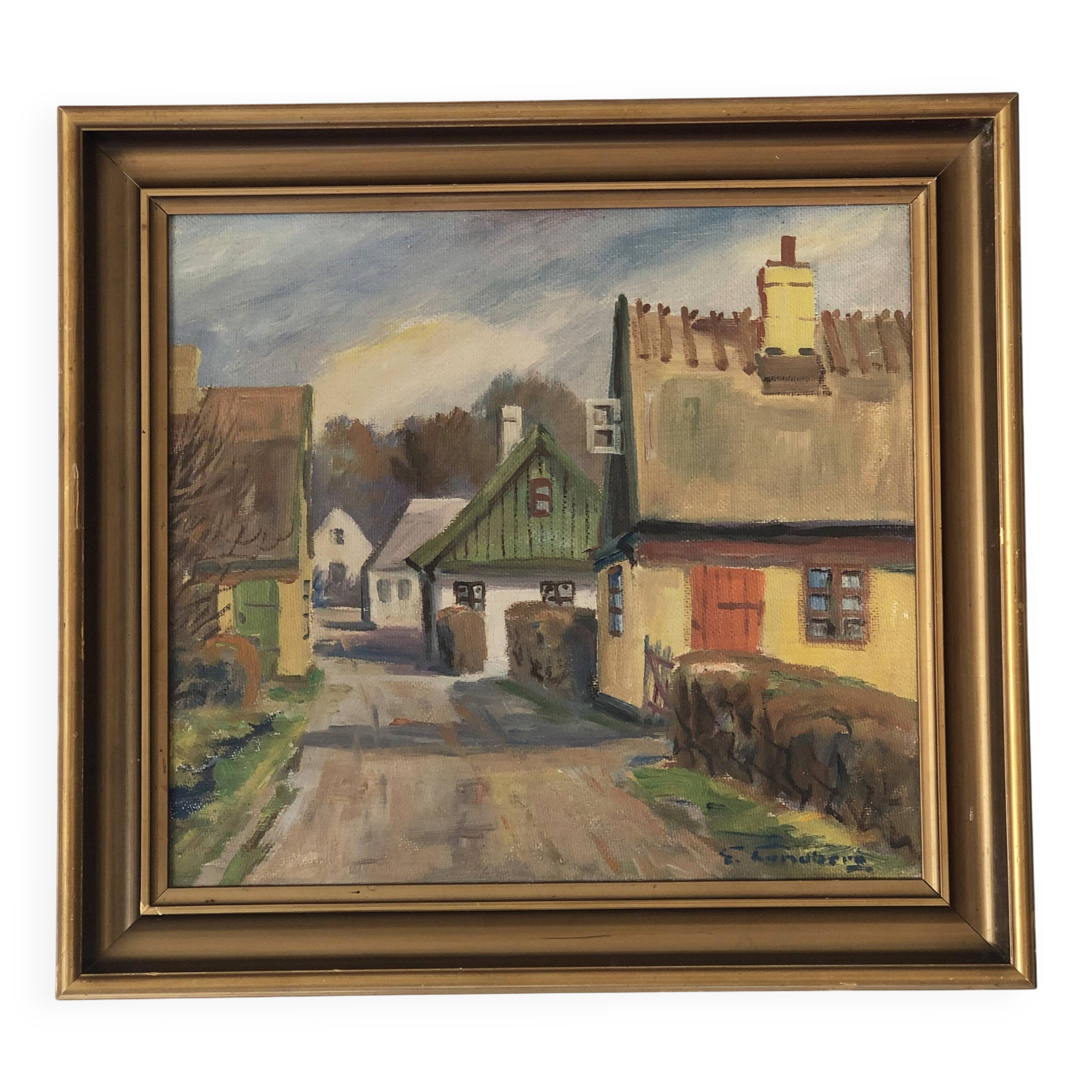 Vintage Original Cottage Oil Painting: Framed Countryside Art