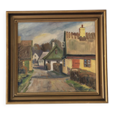 Peinture à l'huile vintage originale de cottage : Art de campagne encadré