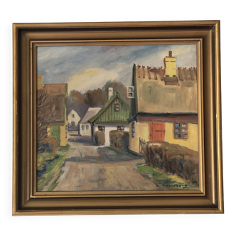 Vintage Original Cottage Oil Painting: Framed Countryside Art