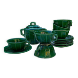 Iridescent green tea or coffee service in Lunéville K&G earthenware. 6 cups and an Art Deco sugar bowl