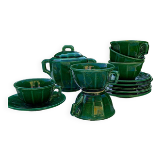 Service à café ou thé vert irisé en faïence de Lunéville K&G. 6 tasses et un sucrier Art Deco