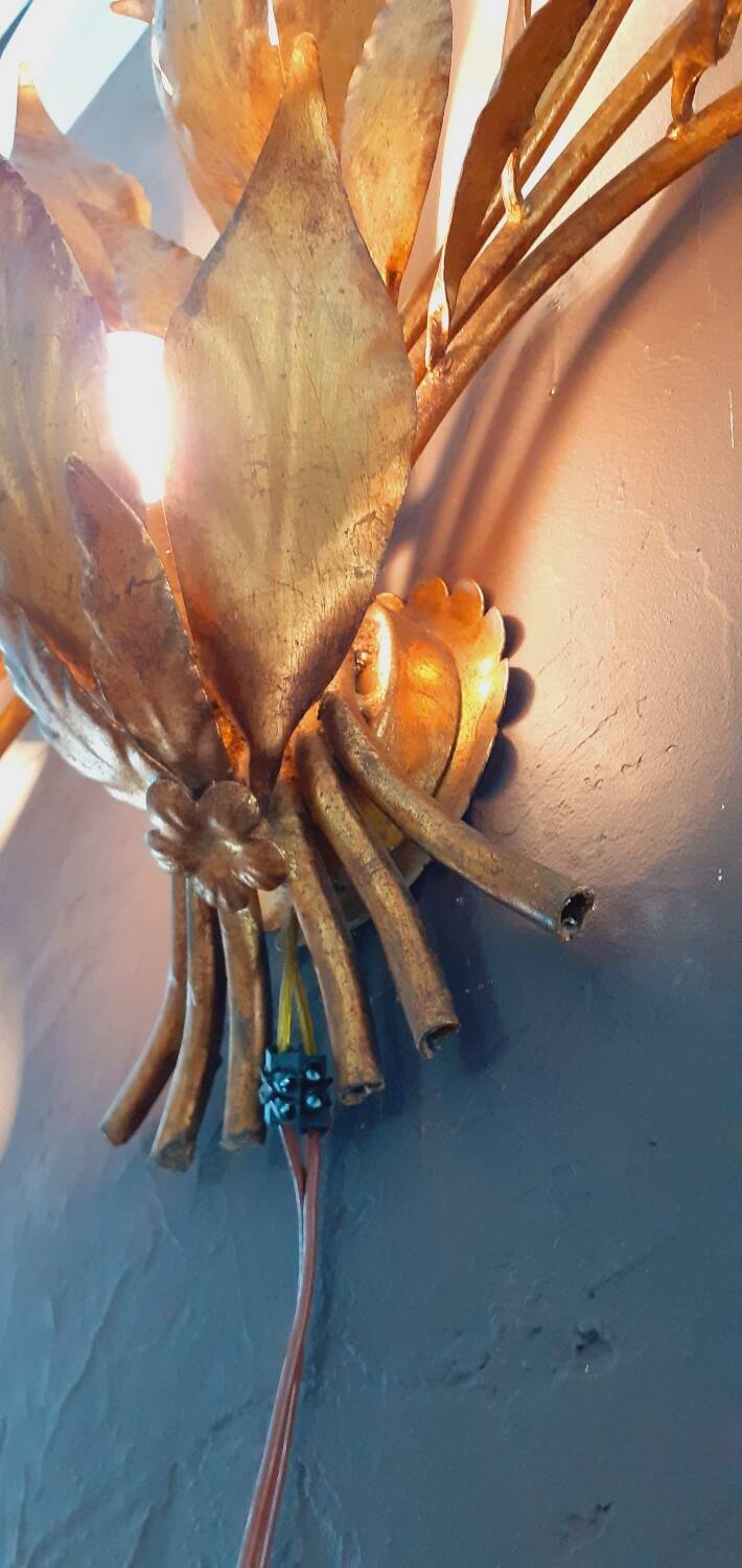 Monumental Vintage Wall Lamp with Golden Leaf Decor by Hans Kögl, 1960s