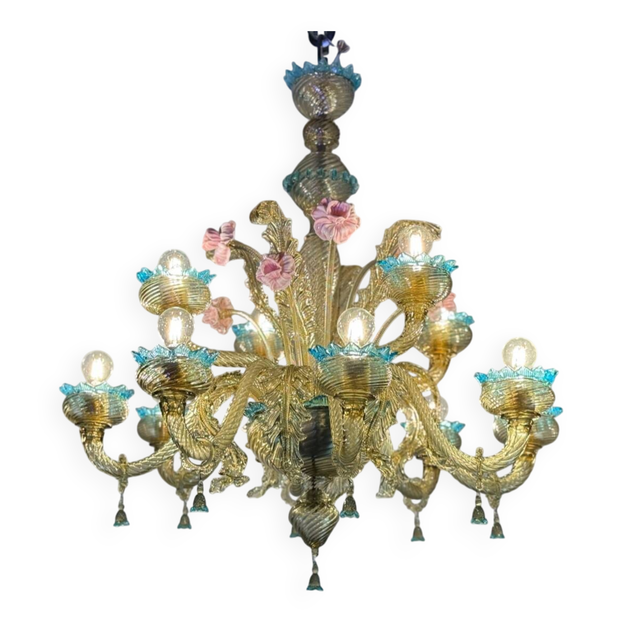 Impressive Venetian Chandelier in Mordoré, Blue and Pink Murano Glass, Ve