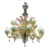 Impressive Venetian Chandelier in Mordoré, Blue and Pink Murano Glass, Ve