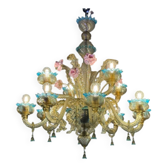 Impressive Venetian Chandelier in Mordoré, Blue and Pink Murano Glass, Ve