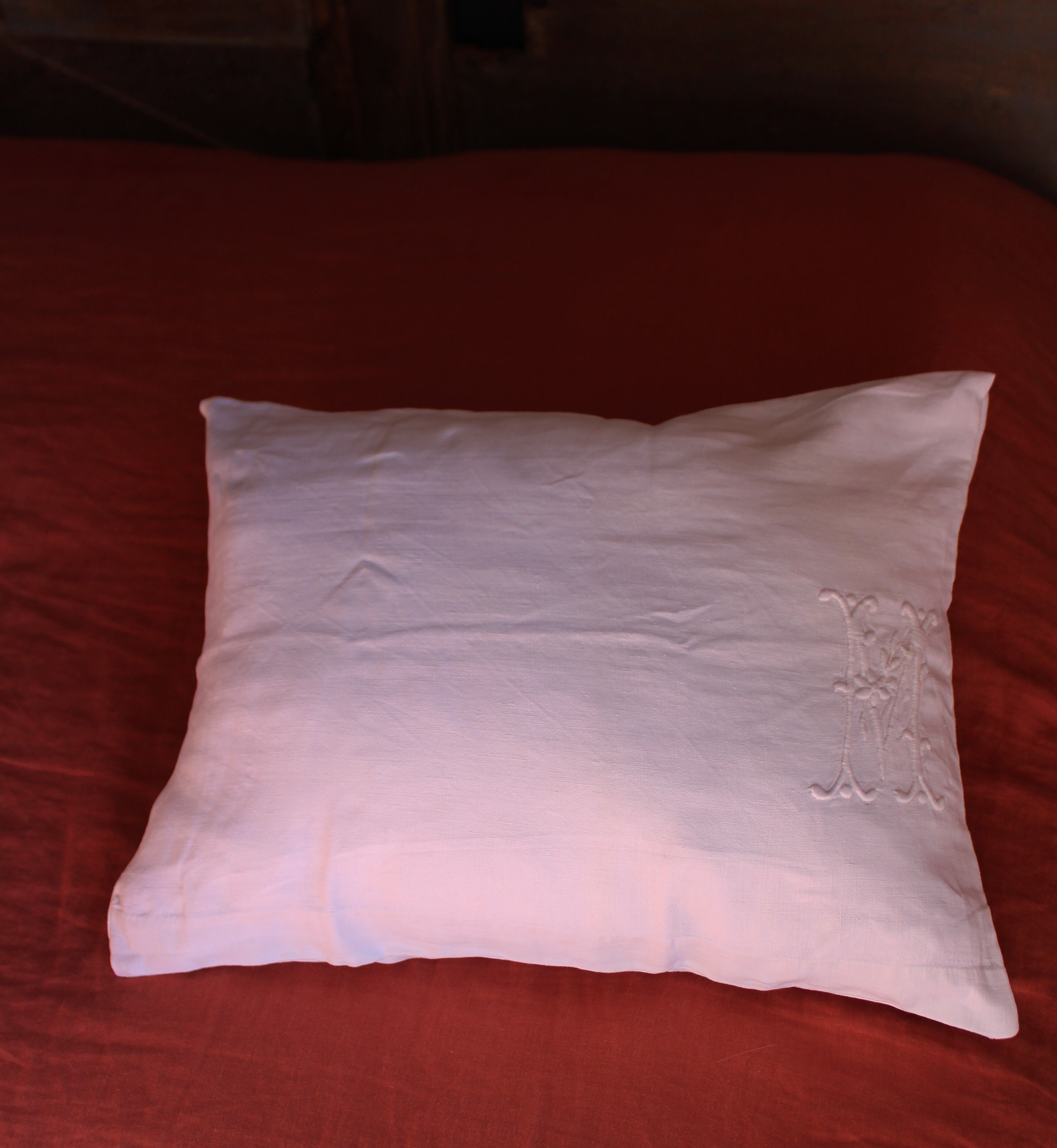Old white linen cushion monogram