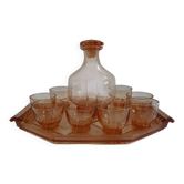 Service vintage en verre rose saumon – Carafe, 8 verres, et plateau Art Dec