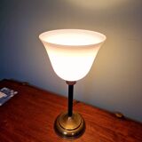 Large Art Deco table lamp, in brass and white opaline, 1920s-3