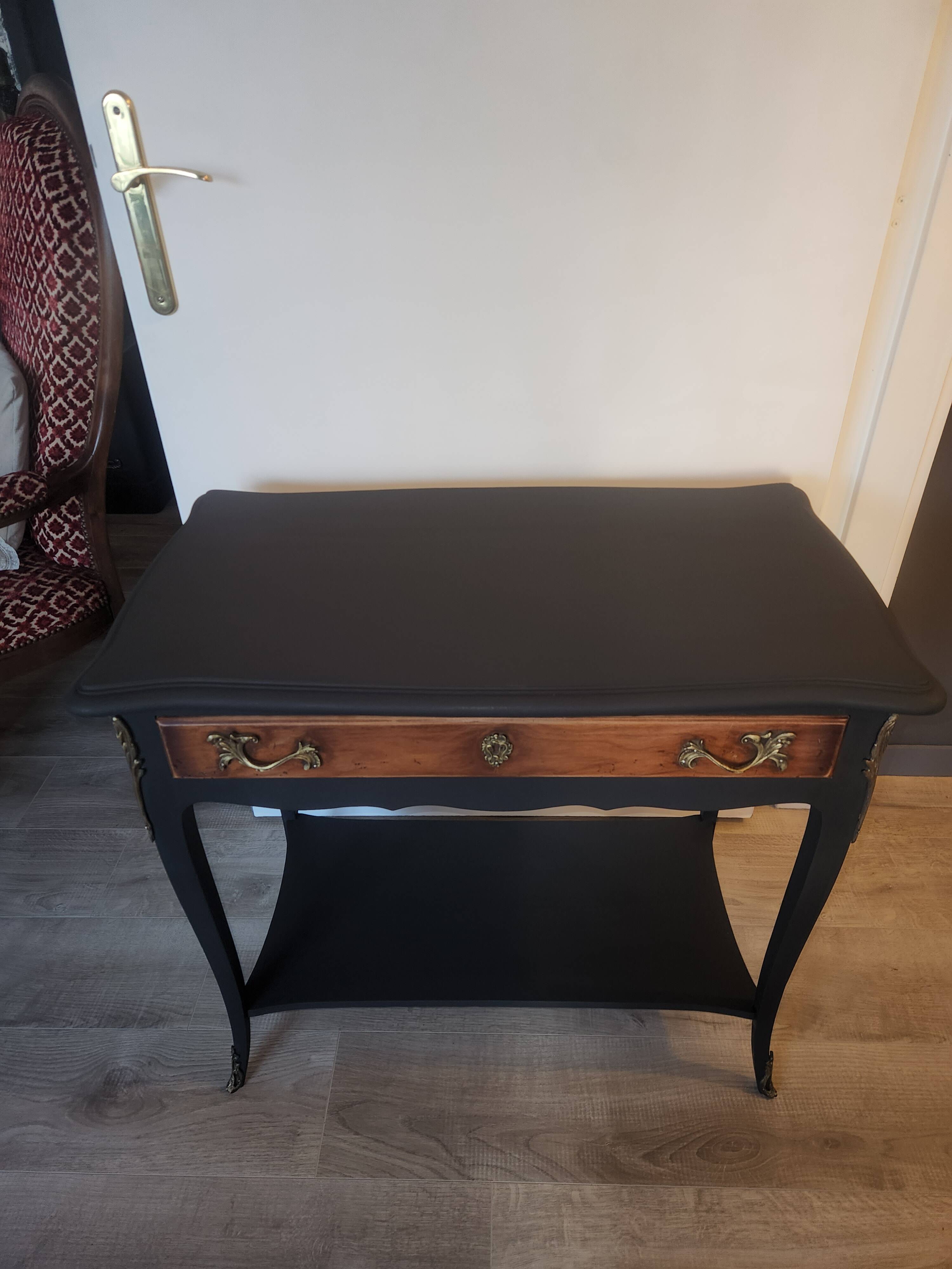 Mat black console / natural wood / gilding – Louis XV style Unique piece