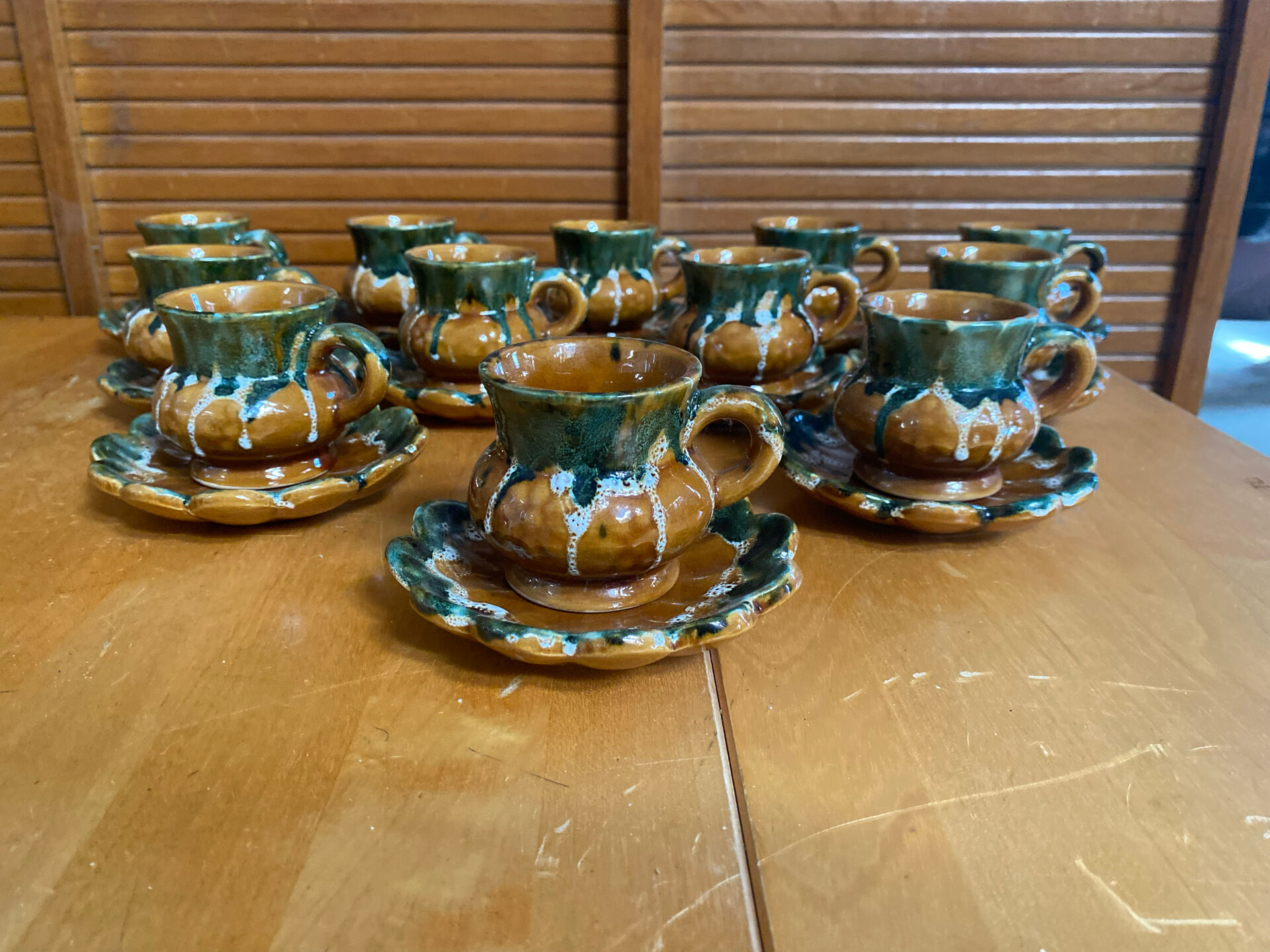 Vintage French café service set, 27 pieces, old pottery from Maine.