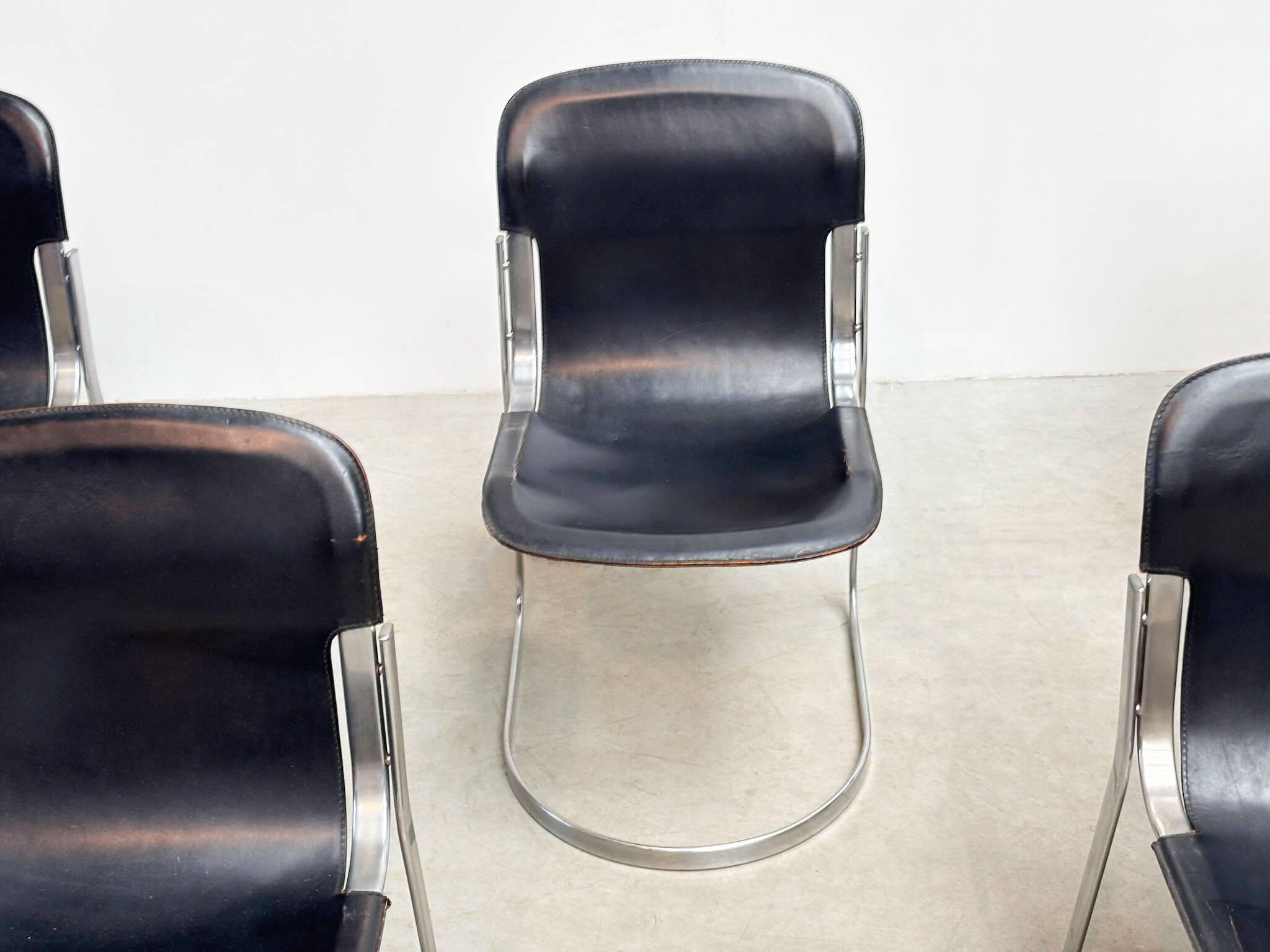 Set of six Willy Rizzo dining chairs in black leather