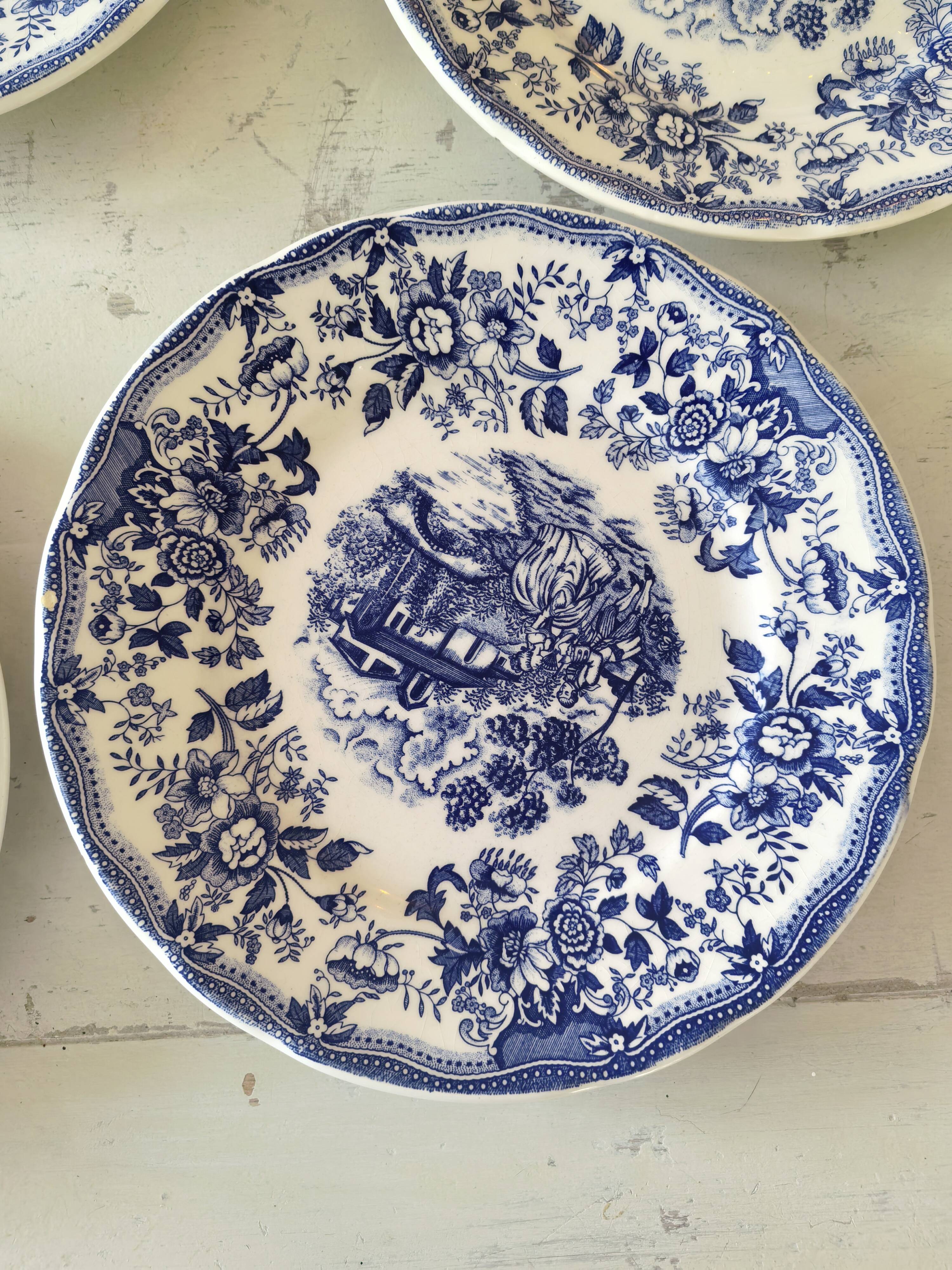 Lot de 8 assiettes Ironstone Tableware CBM bleu & white 1987 décor cottage