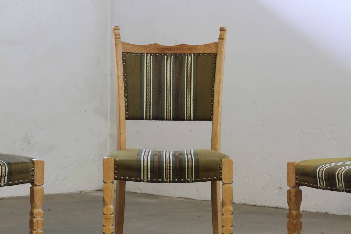 Vintage 1960s, brutalist Danish modern oak dining chairs by Henning Kjærnulf