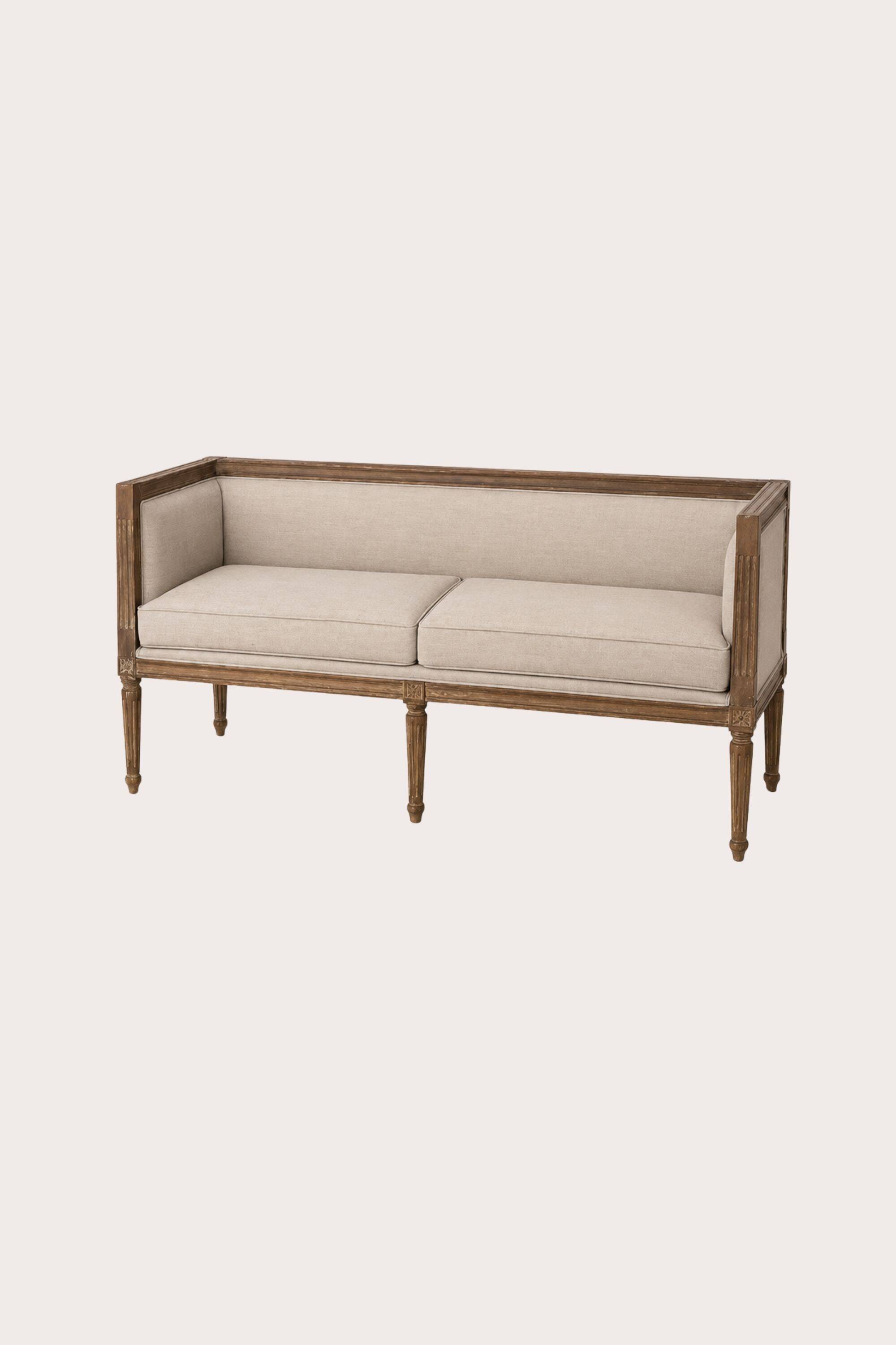 Three-seater bench in patinated wood & natural linen — timeless elegance