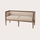 Three-seater bench in patinated wood & natural linen — timeless elegance