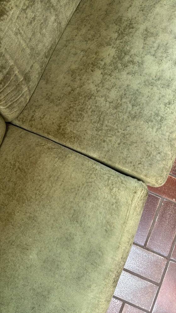 Canapé modulable vintage en velours vert avec fauteuil assorti et pouf
