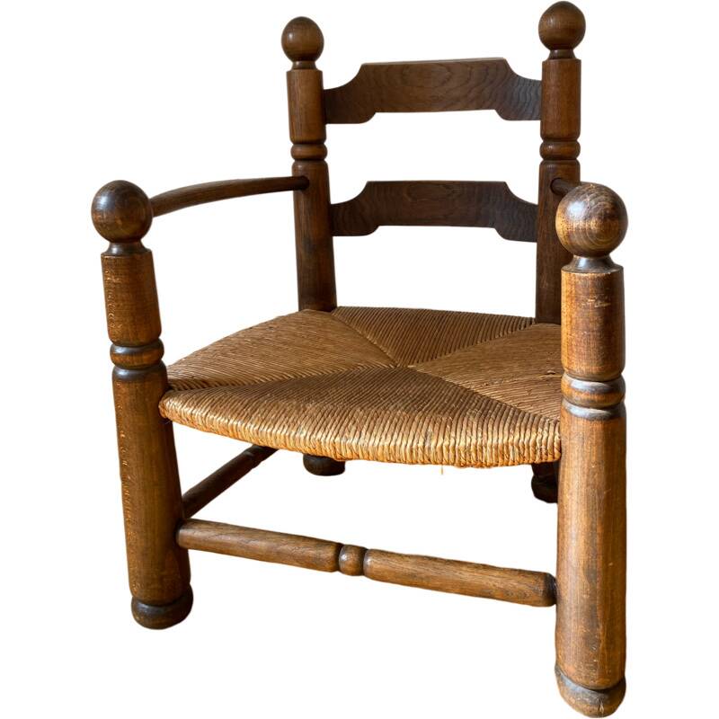 Straw and turned wood fireplace armchair in the style of Charles Dudouyt