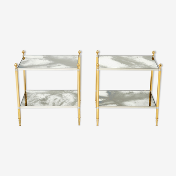 Pair of tables ends sofa brass chrome mirror