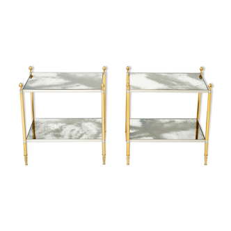 Pair of tables ends sofa brass chrome mirror