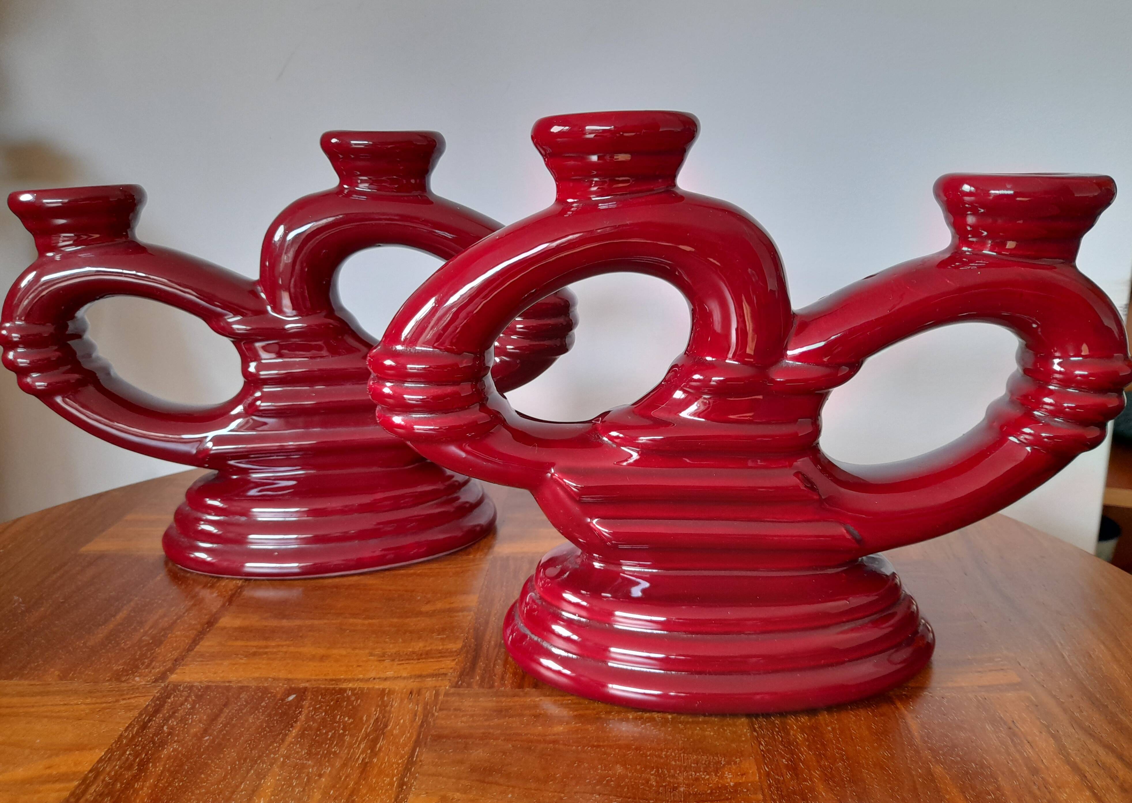 Set of 2 elegant Art Deco ceramic double candle holders