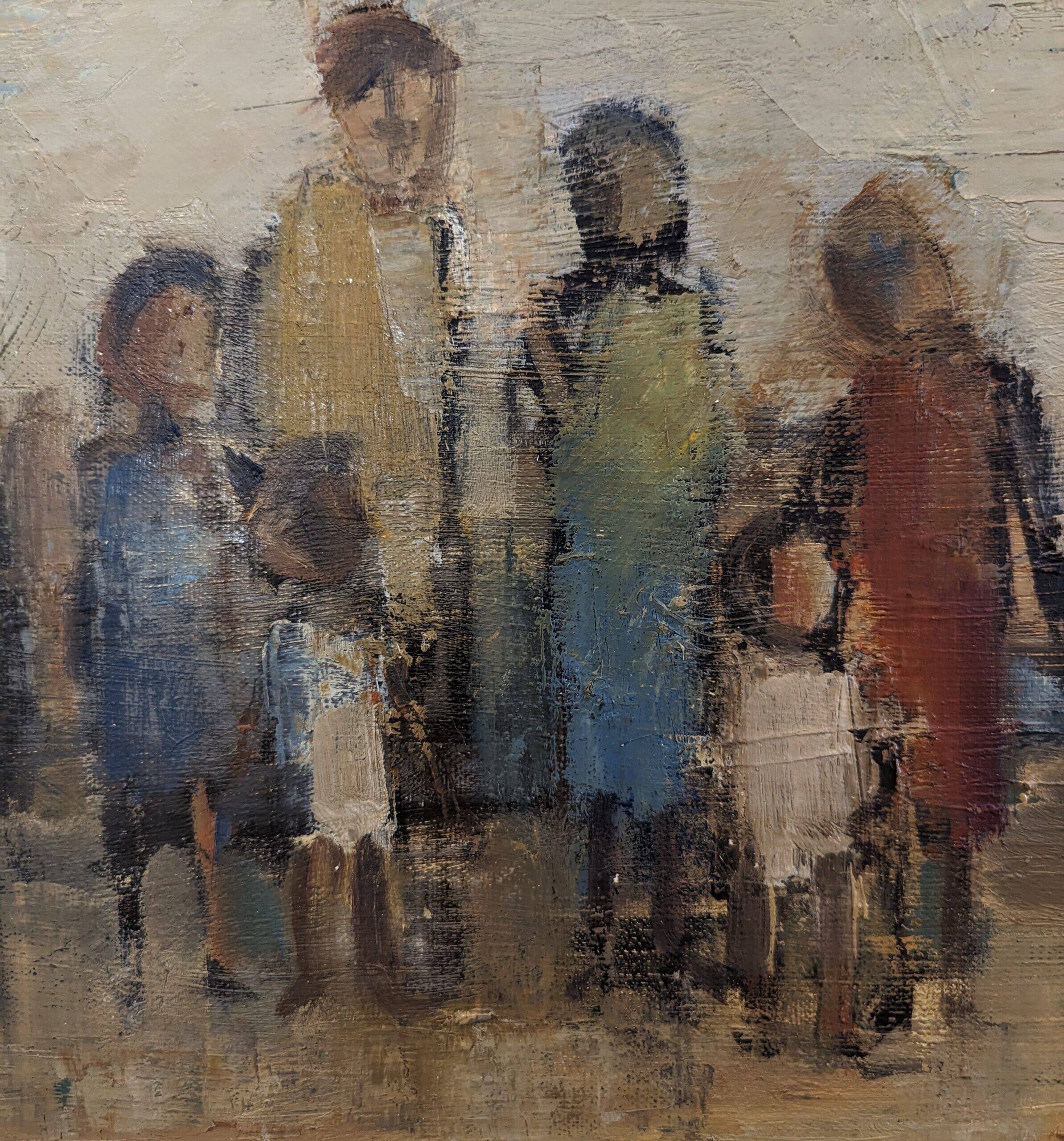 Mid-Century Modern Swedish "Assemble", Vintage Figurative Oil Painting, Framed