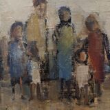 Mid-Century Modern Swedish "Assemble", Vintage Figurative Oil Painting, Framed