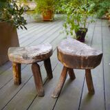 Pair of brutalist tripod stools in grayed pine. France, 1950s