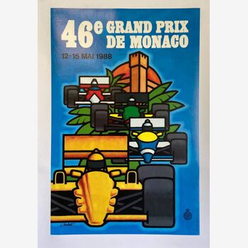 Affiche original 46eme Grand Prix de Monaco par J. Grognet en 1988 - Petit Format - On linen