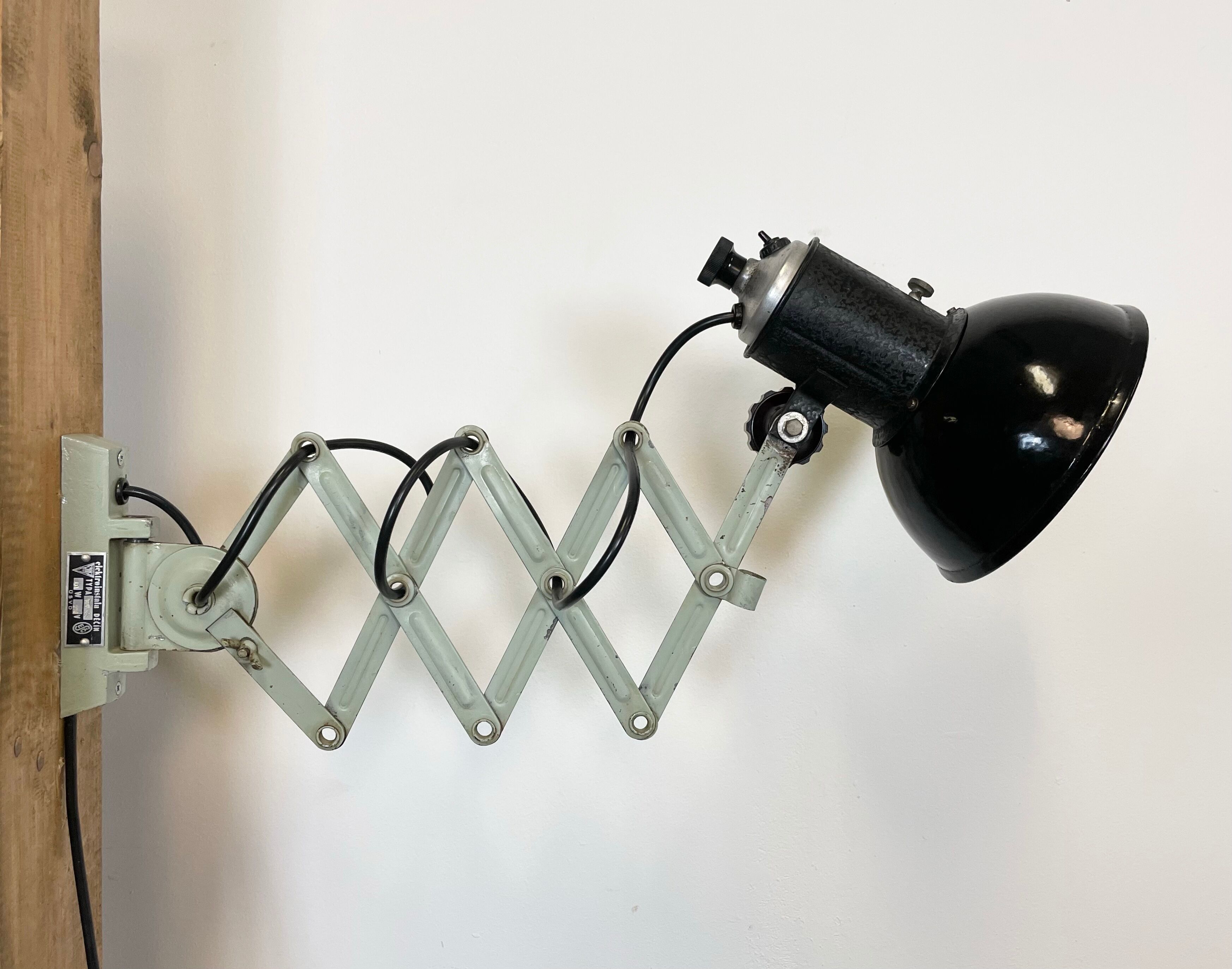 Vintage industrial black enamel scissor wall lamp, 1950s