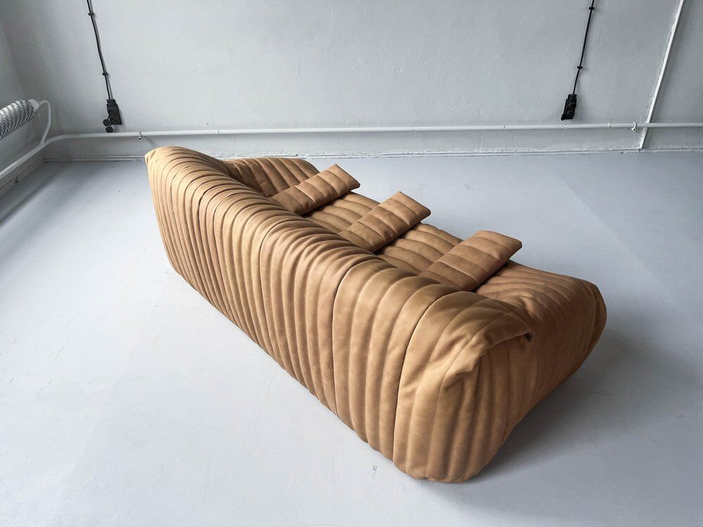 Camel leather 3-seater sofa attributed to Annie Hieronimus for Cinna Ligne Roset, 1973