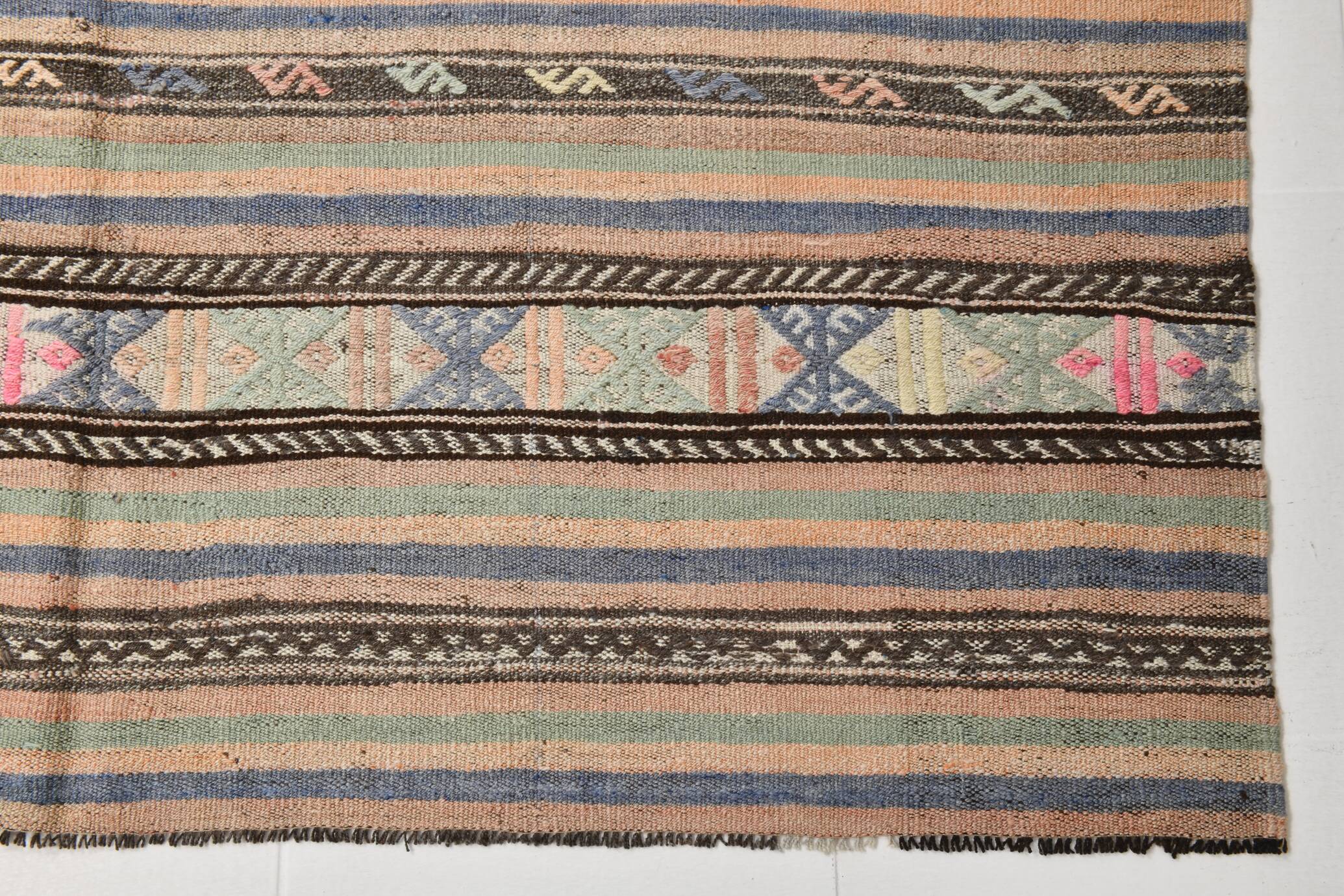 6x8 Green & Blue Striped Handmade Kilim Rug, 174x256Cm