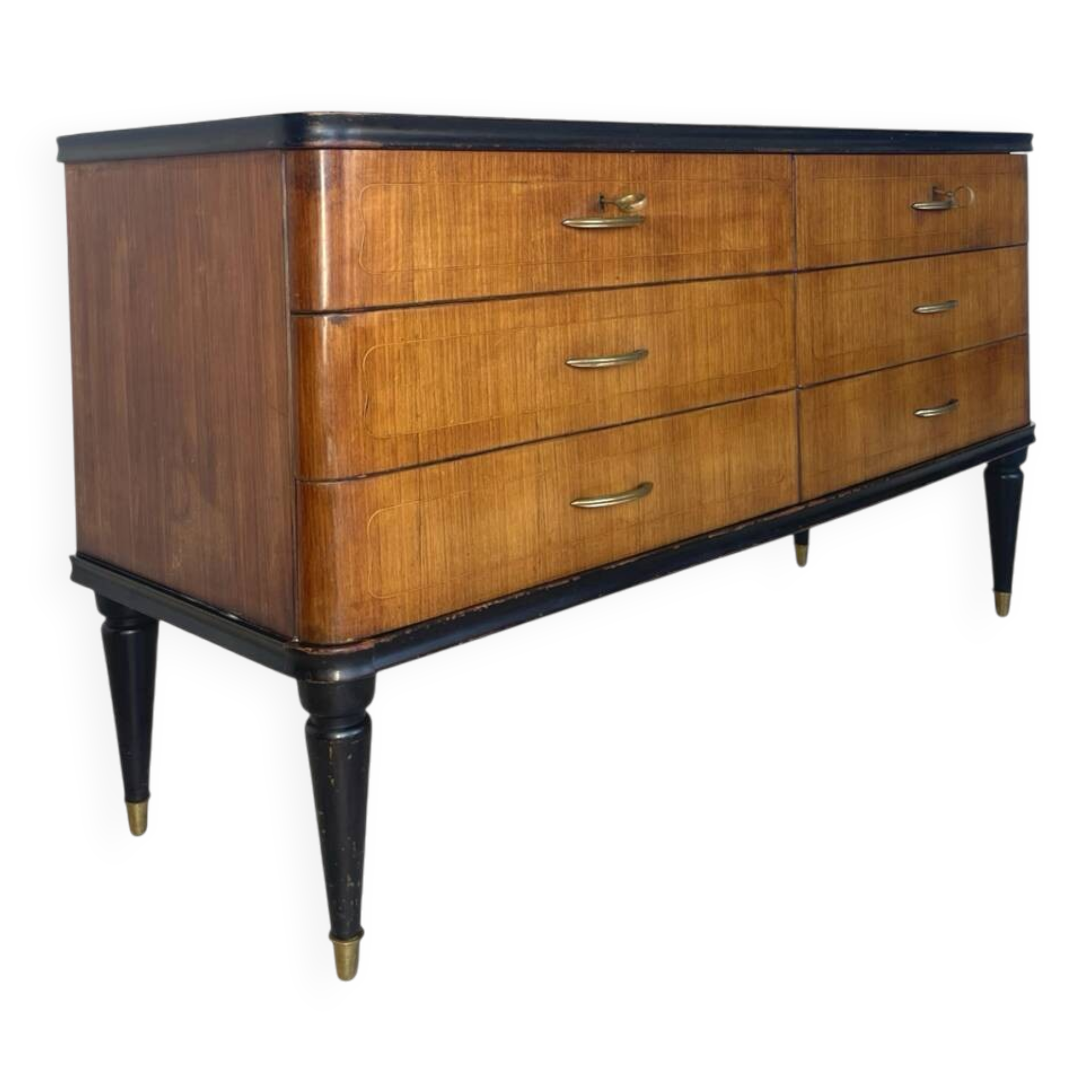 Commode en acajou plaqué avec plateau en verre vert, années 1950