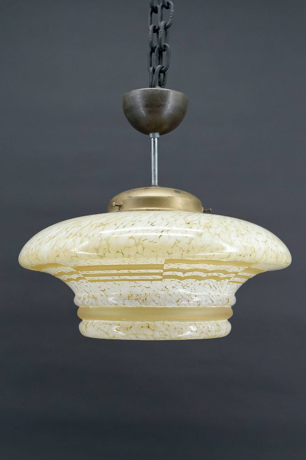 Modernist Art Deco pendant light in acid-etched “cloud” glass, France, Circa 1930