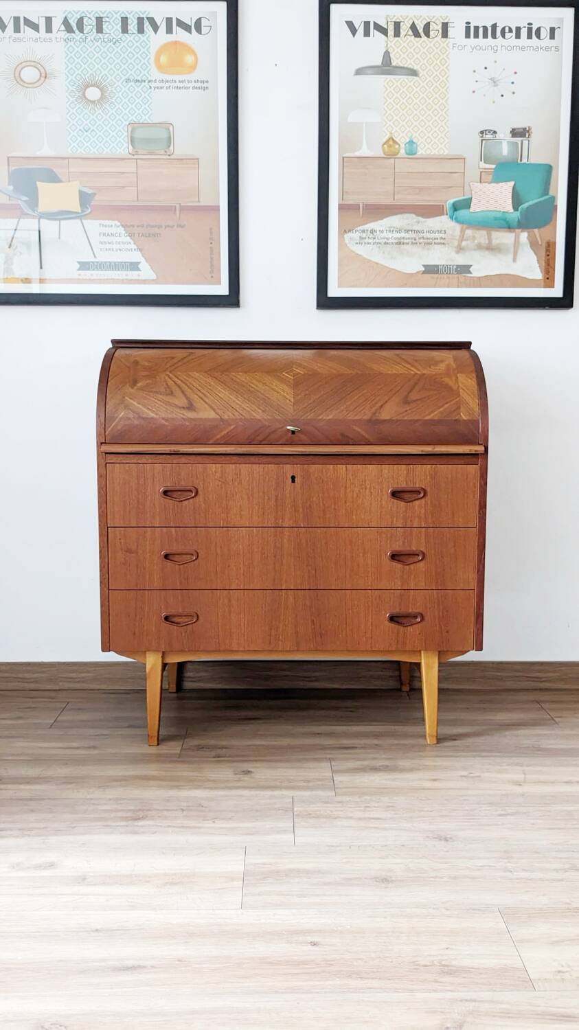 Bureau secrétaire à cylindre teck midcentury