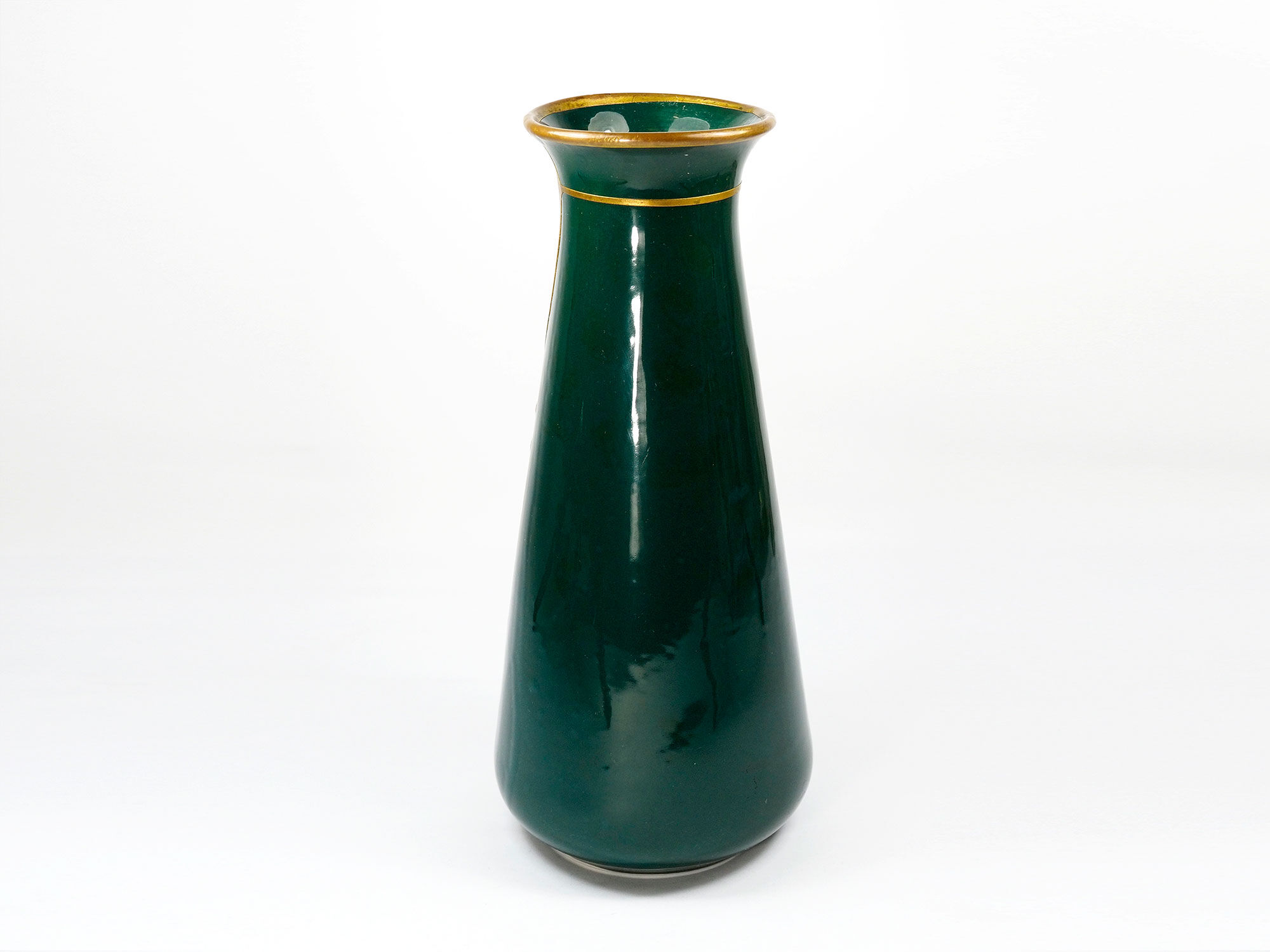 Antique secession vase in ceramic green glaze with copper & turquoise-1900s