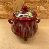 Old tripod candy jar j. guet flamed red ceramic vintage #b212