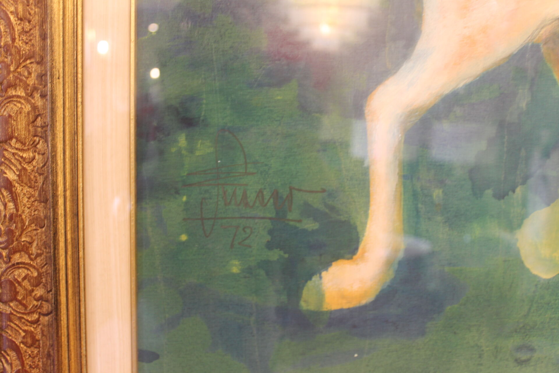 Framed painting representing horses, signed, XX th