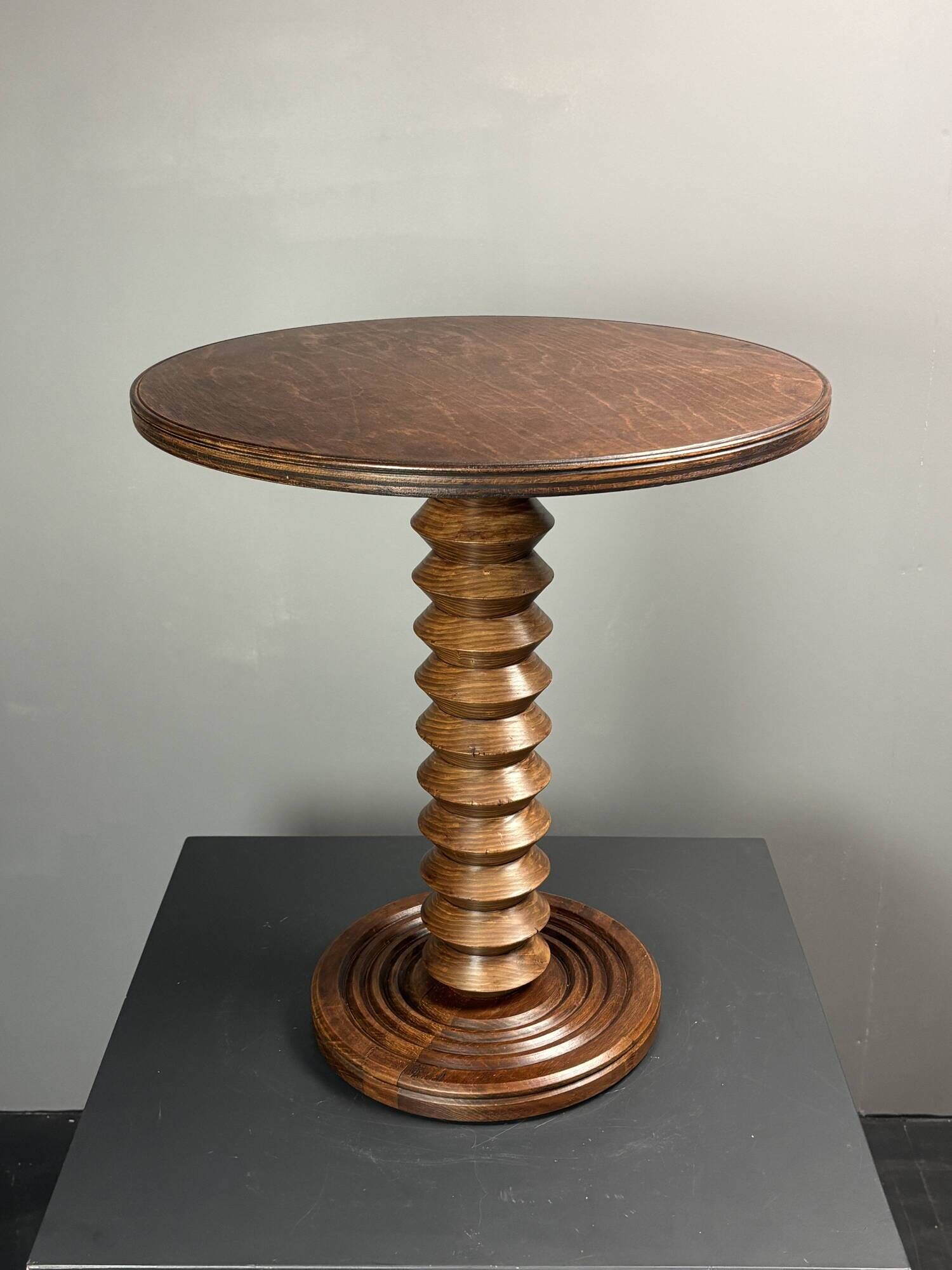 Midcentury brutalist wood turned side table, Charles Dudouyt style, 1950s