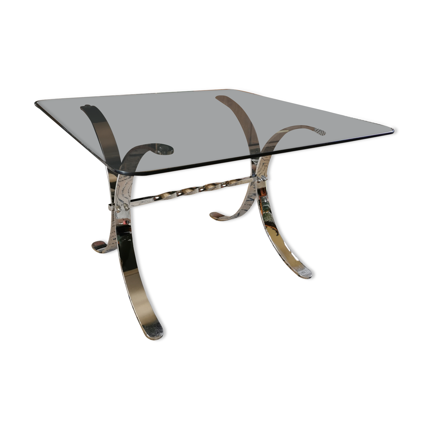 Table basse vintage en métal chromé et verre teinté