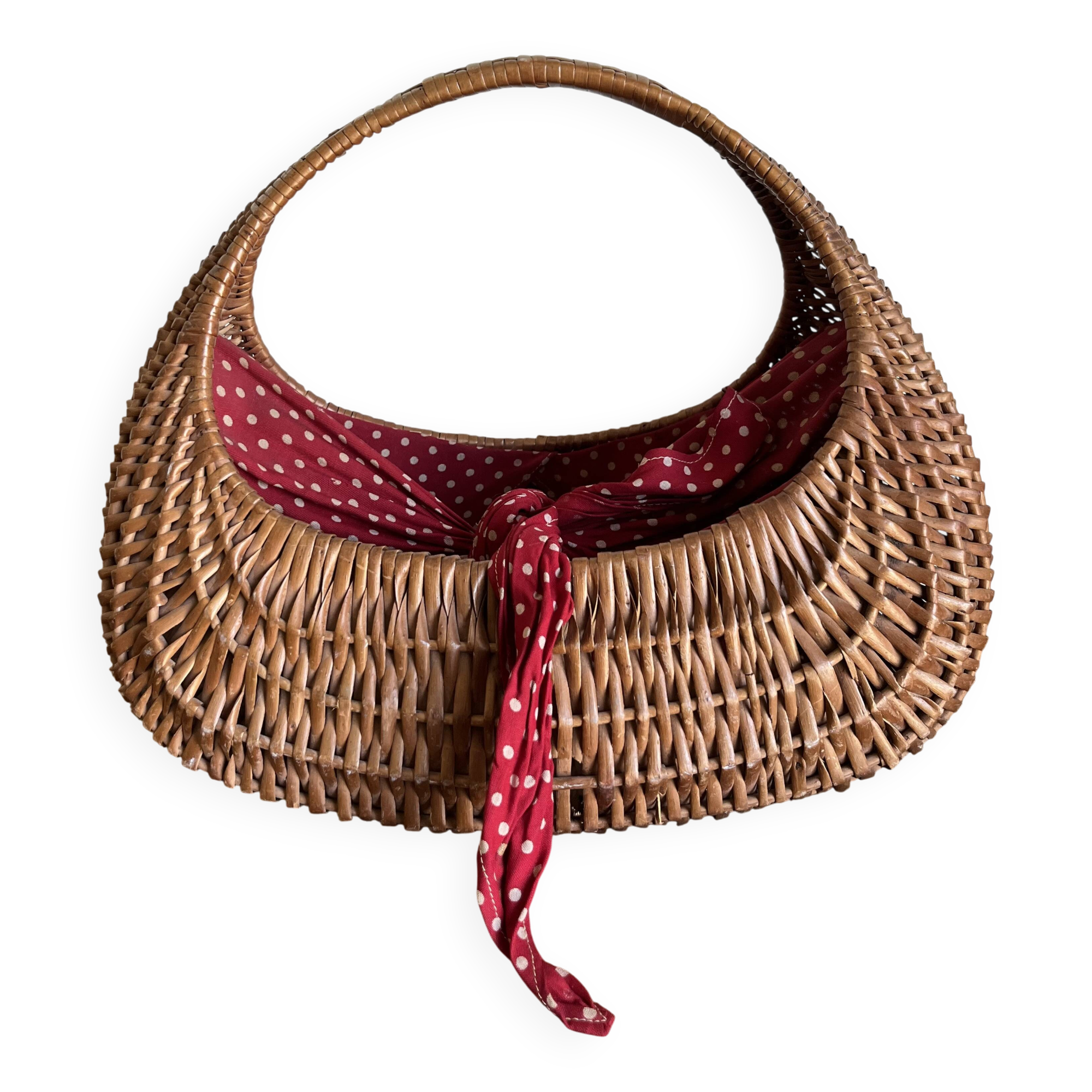 Panier gondole en osier 1960 doublé de coton a pois rouges
