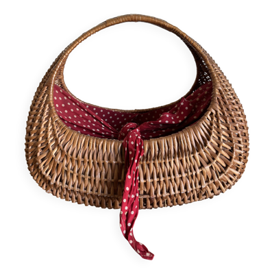 Panier gondole en osier 1960 doublé de coton a pois rouges