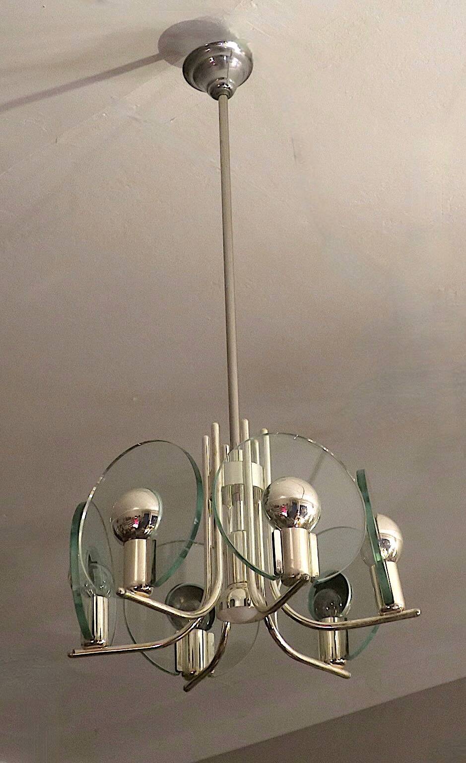 Italian silver plated chandelier with 6 crystal glass discs, 1960s