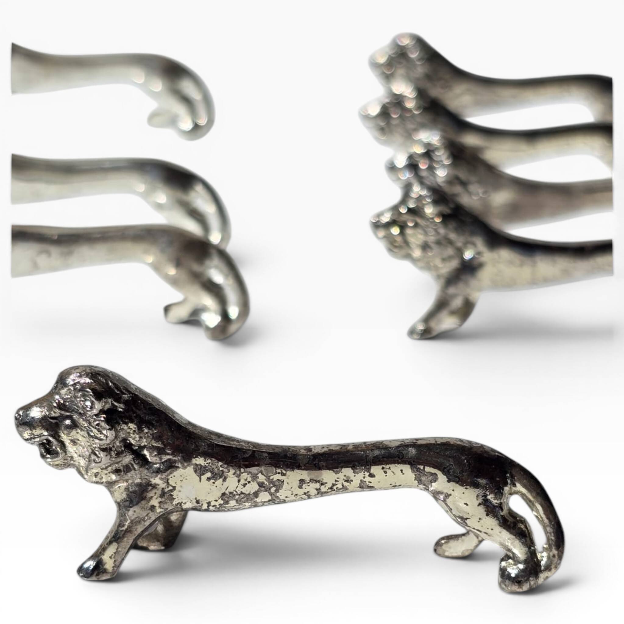 Series of antique knife rests in the shape of a lion, silver-plated metal.