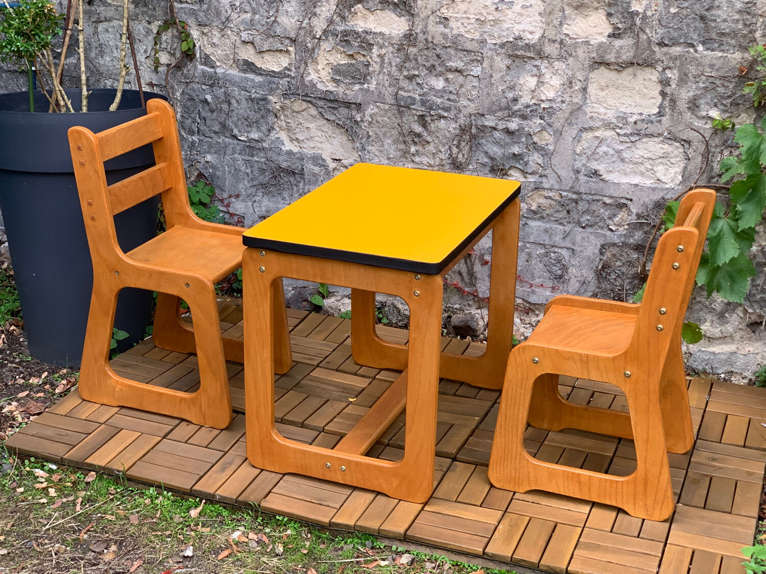 Children's wooden and formica desk and sled chairs 1970